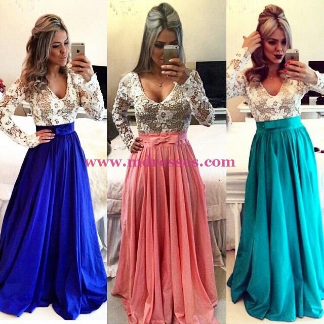 Royal Blue White Long Sleeves Prom Dresses Evening Gowns 203