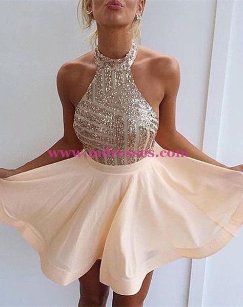 Halter Sequins Short Backless Homecoming Cocktail Prom Dresses Evening Gowns 204