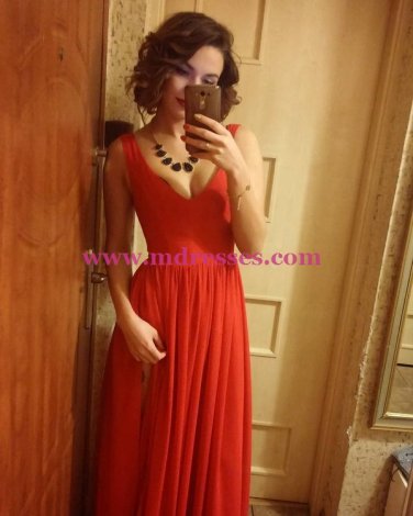 V-Neck Straps Sleeveless Long Red Chiffon Bridesmaid Prom Dresses Evening Gowns 205
