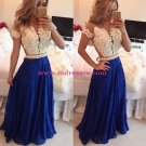 A-Line Short Sleeves Lace Chiffon Royal Blue White Long Prom Dresses Evening Gowns 206