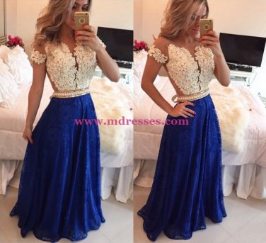 A-Line Short Sleeves Lace Chiffon Royal Blue White Long Prom Dresses Evening Gowns 206