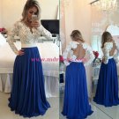 Royal Blue White Lace Chiffon Long Sleeves Prom Dresses Evening Gowns 208