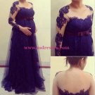 Long Sleeves Purple Lace Maternity Dresses Evening Gowns 216