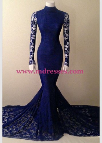 Long Sleeves High Neck Lace Mermaid Prom Dresses Evening Gowns 218