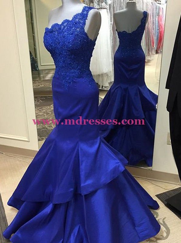 Trumpet/Mermaid Royal Blue One-Shoulder Lace Appliques Top Long Prom Dresses Evening Gowns 222