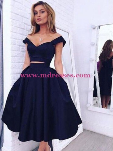 Two Pieces Off-the-Shoulder Navy Blue Bridesmaid Prom Dresses Evening Gowns 223
