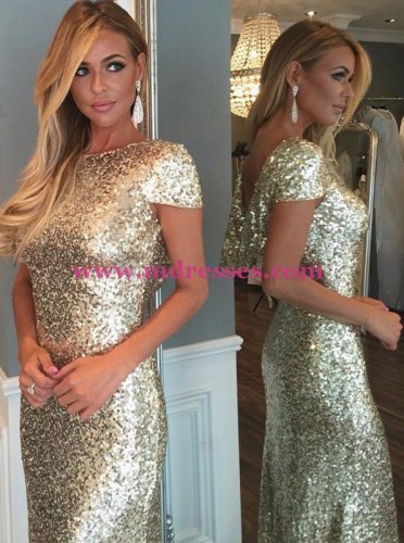 Gold Sequins Long Bridesmaid Prom Dresses Evening Gowns 226