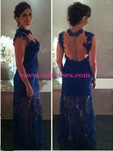 Long Blue Lace See Through Prom Dresses Evening Gowns 228