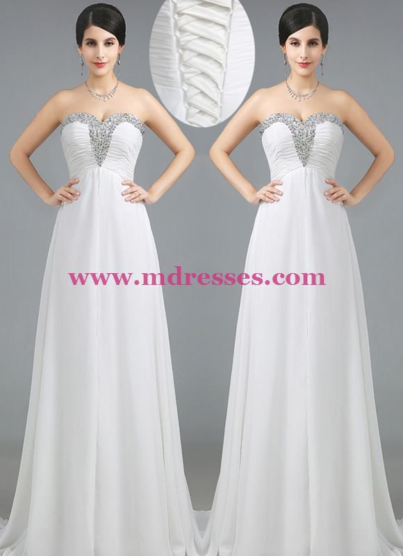 A-Line Sweetheart Beaded Long White Prom Dresses Evening Gowns 230