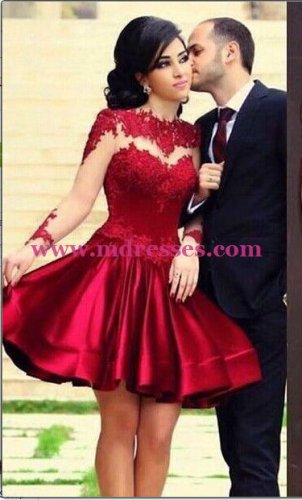 Short Red High Neck Long Sleeves Sheer Lace Satin Homecoming Dresses Evening Gowns 234