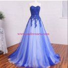 A-Line Sweetheart Lace Appliques Long Blue White Prom Dresses Evening Gowns 236
