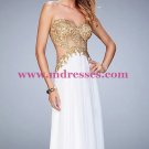 Gold Lace Appliques Bodice Chiffon Long Prom Dresses Party Evening Gowns 241