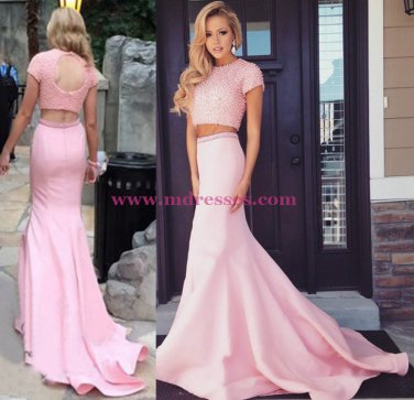Two Pieces Pink Keyhole Back Prom Evening Formal Dresses L002
