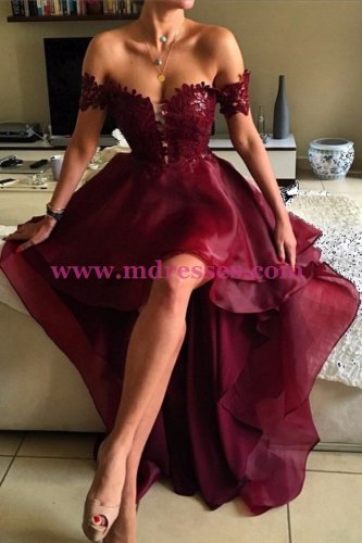 High Low Burgundy Off-the-Shoulder Lace Prom Dresses Party Evening Gowns 243