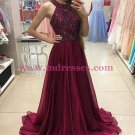 A-Line Burgundy Beaded Chiffon Prom Dresses Party Evening Gowns 244