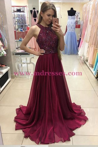 A-Line Burgundy Beaded Chiffon Prom Dresses Party Evening Gowns 244