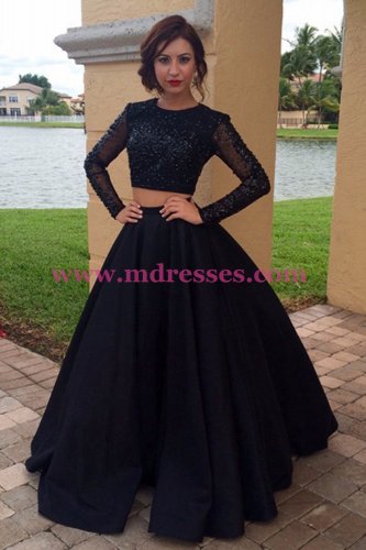 Long Sleeves Two Pieces Black Prom Dresses Party Evening Gowns 246