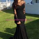 Long Black Mermaid Illusion Neckline Lace Long Sleeves Prom Dresses Party Evening Gowns 247