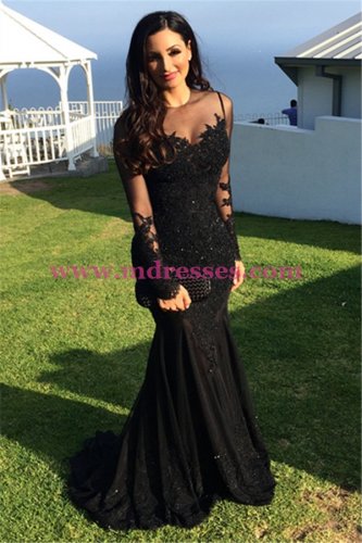 Long Black Mermaid Illusion Neckline Lace Long Sleeves Prom Dresses Party Evening Gowns 247