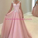 A-Line Long Pink Lace Prom Dresses Party Evening Gowns 248
