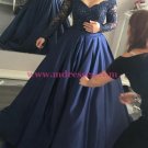 Long Sleeve Navy Off-the-Shoulder Lace Prom Dresses Party Evening Gowns 263