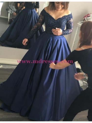 Long Sleeve Navy Off-the-Shoulder Lace Prom Dresses Party Evening Gowns 263