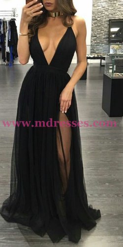 Sexy Long Black V-Neck Prom Dresses Party Evening Gowns 267