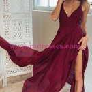Sexy V-Neck Burgundy Chiffon Long Prom Dresses Party Evening Gowns 273