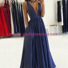 Long Blue Low V-Neck Prom Dresses Party Evening Gowns 274