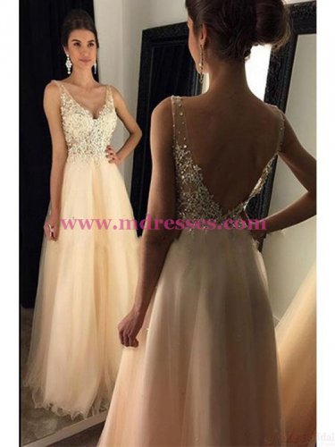 A-Line V-Neck Lace Tulle Long Prom Dresses Party Evening Gowns 281