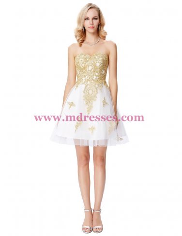 Short White Gold Lace Appliques Prom Dresses Party Evening Gowns 292