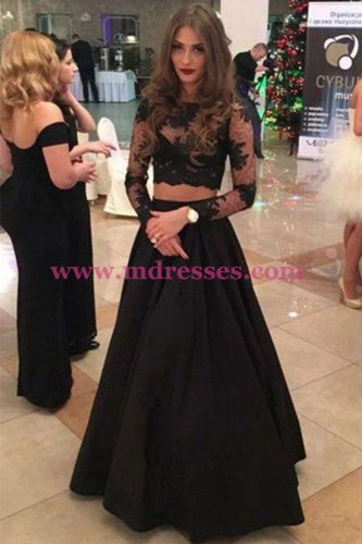 Two Pieces Long Sleeves Black Lace Prom Dresses Party Evening Gowns 296