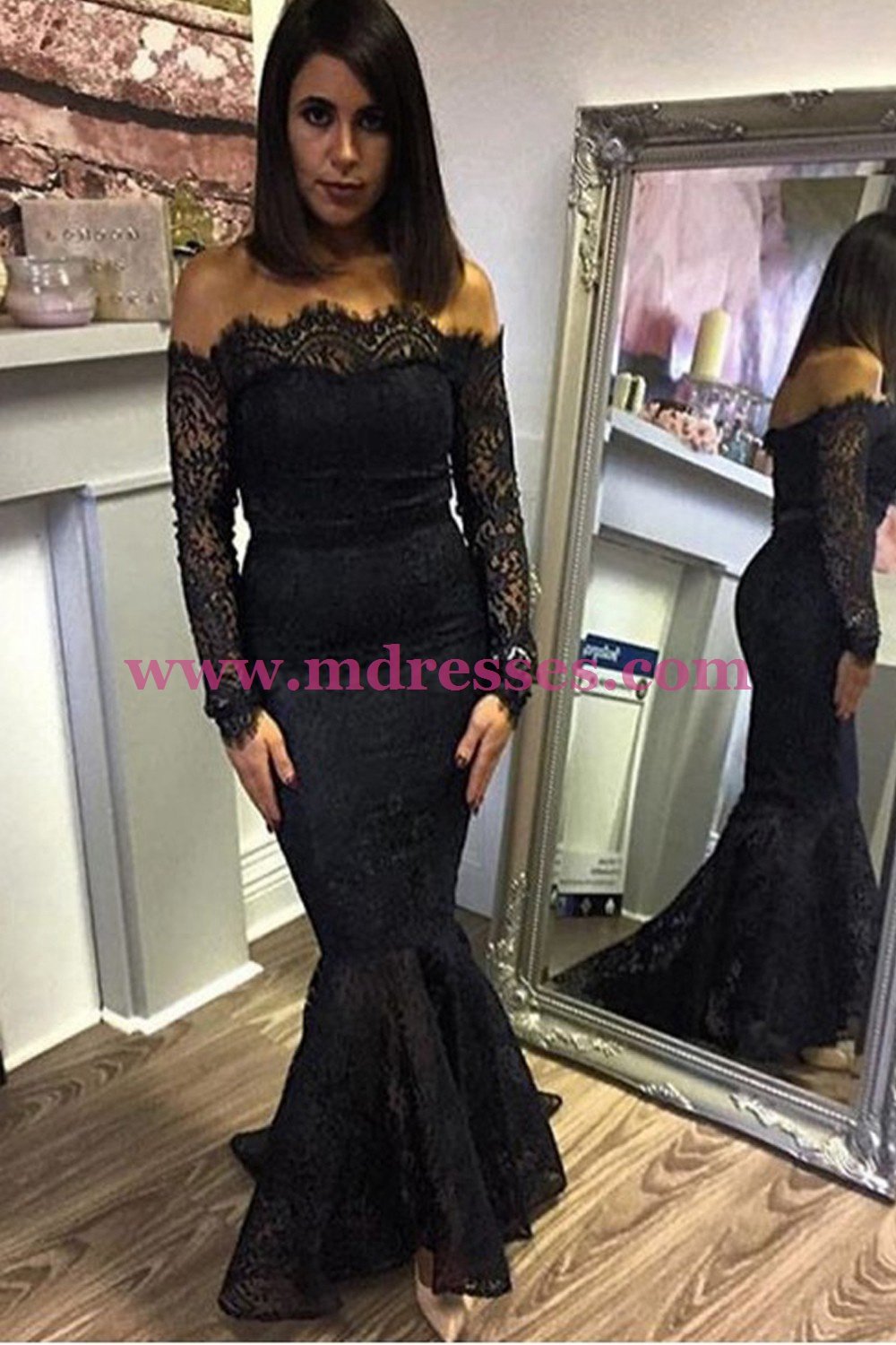 Mermaid Off-the-Shoulder Long Sleeve Black Lace Prom Dresses Party Evening Gowns 297