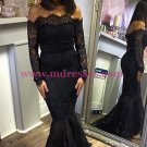 Mermaid Off-the-Shoulder Long Sleeve Black Lace Prom Dresses Party Evening Gowns 297