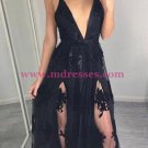 Sexy V-Neck Long Black Lace Prom Dresses Party Evening Gowns 298