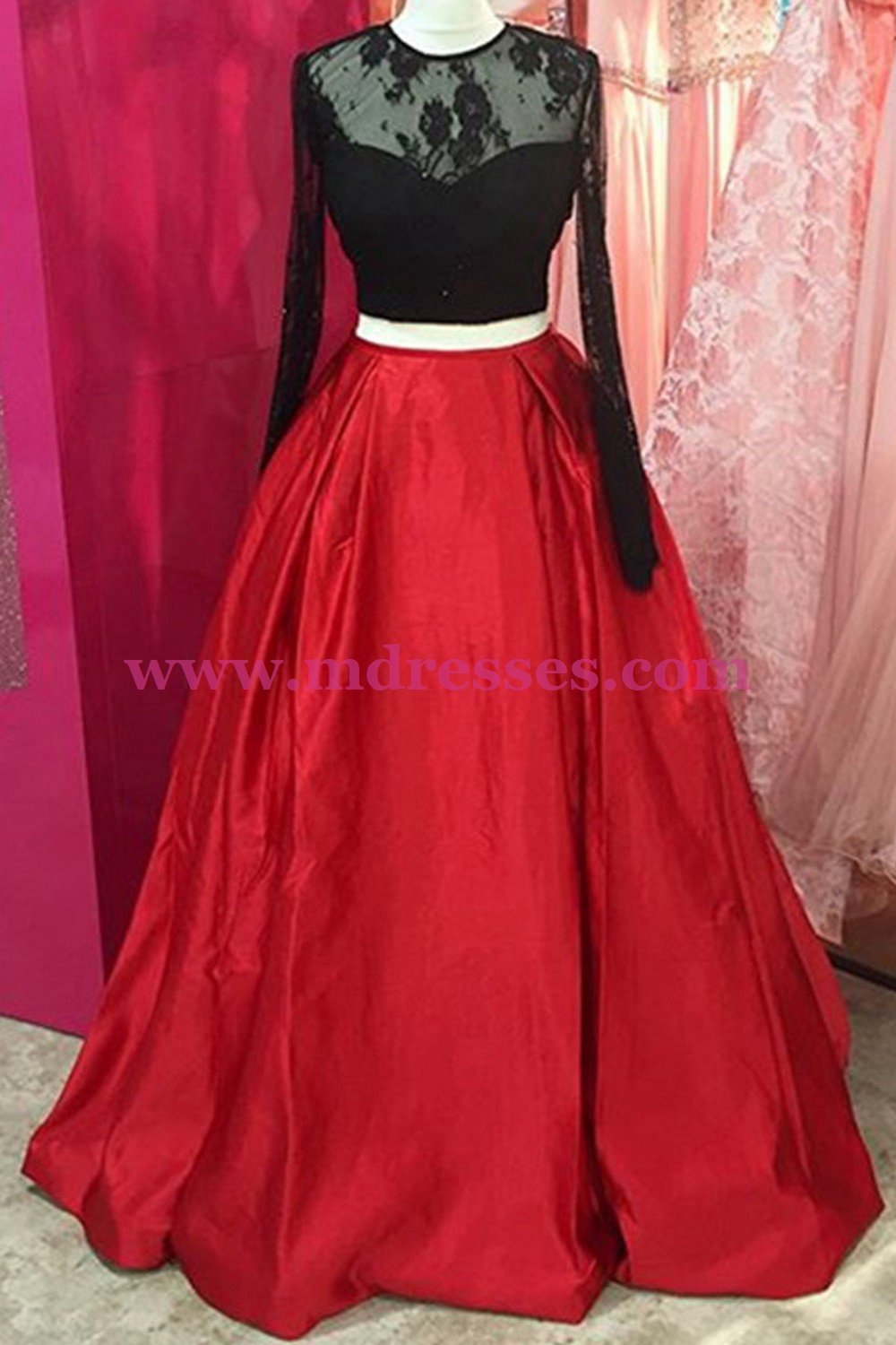 Two Pieces Long Sleeves Black Lace Red Prom Dresses Party Evening Gowns 299