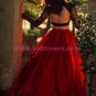 Two Pieces Long Sleeves Black Lace Red Prom Dresses Party Evening Gowns 299