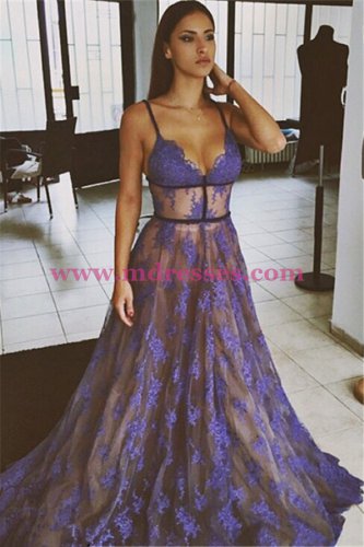 Sexy Spaghetti Straps Lace Long Blue Prom Dresses Party Evening Gowns 307