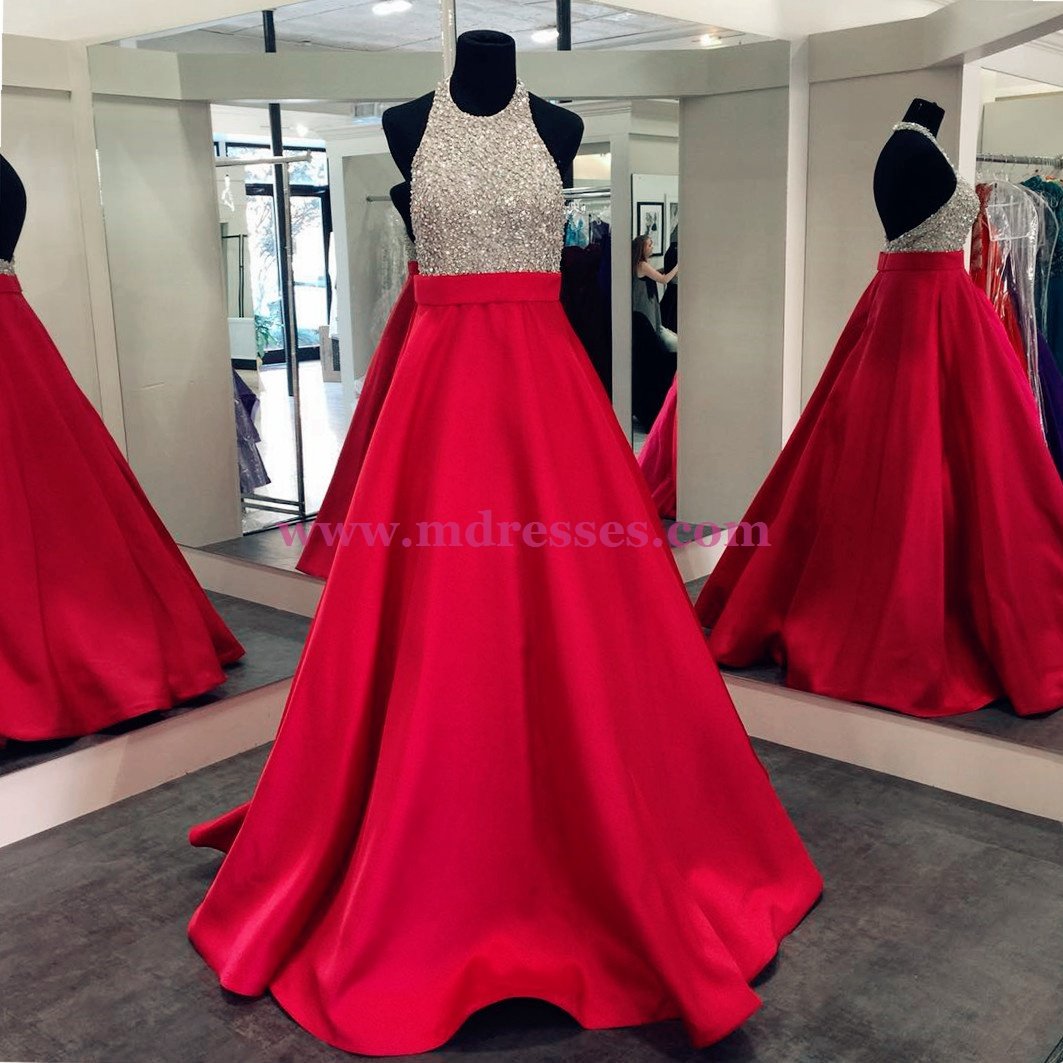 A-Line Halter Sequins and Satin Long Red Prom Dresses Party Evening Gowns 309