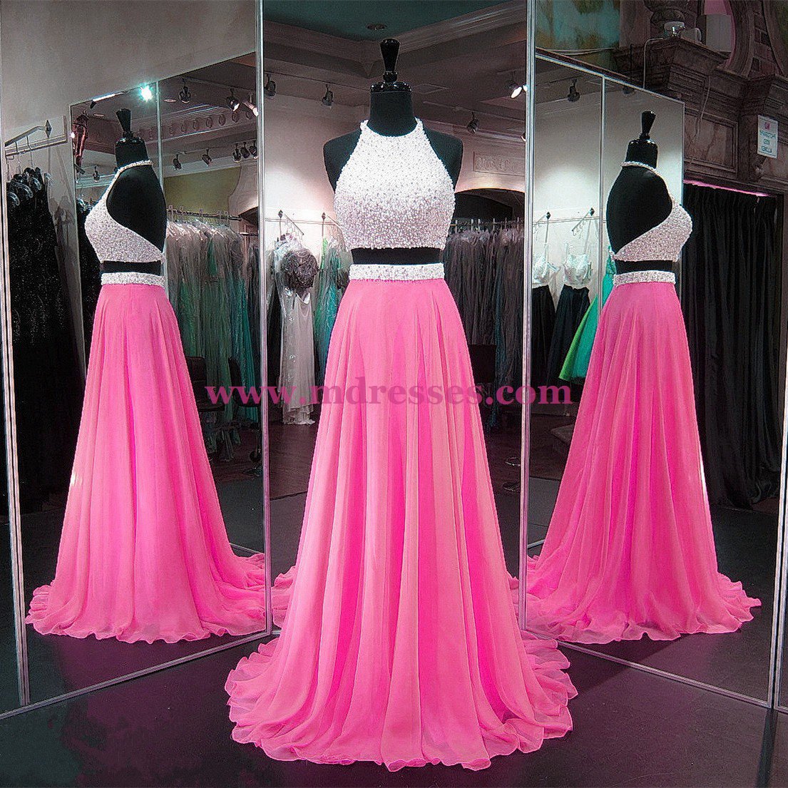 Long Pink Two Pieces Beaded Sequins Chiffon Prom Dresses Party Evening Gowns 311