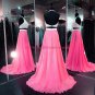 Long Pink Two Pieces Beaded Sequins Chiffon Prom Dresses Party Evening Gowns 311
