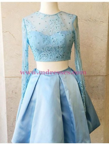 Two Pieces Long Sleeves Lace Satin Short Prom Dresses Party Evening Gowns 316