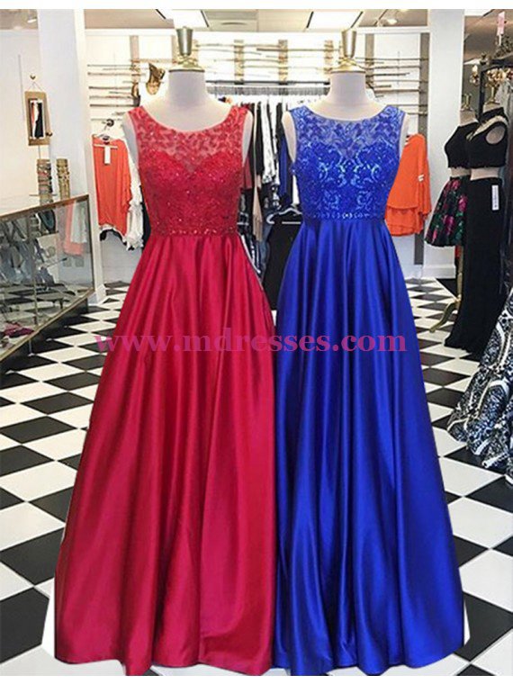 A-Line Lace and Satin Long Prom Dresses Party Evening Gowns 318