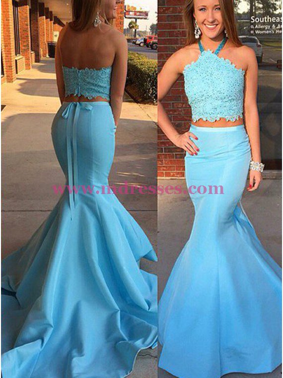 Long Blue Mermaid Halter Two Pieces Prom Dresses Party Evening Gowns 319