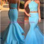 Long Blue Mermaid Halter Two Pieces Prom Dresses Party Evening Gowns 319