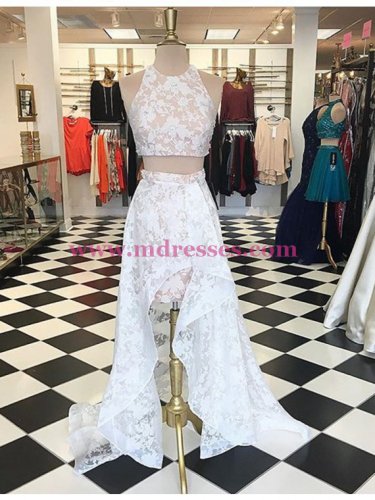 High Low Two Pieces White Lace Prom Dresses Party Evening Gowns 326