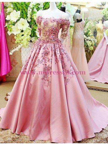 A-Line Off-the-Shoulder Short Sleeve Long Pink Prom Dresses Party Evening Gowns 331