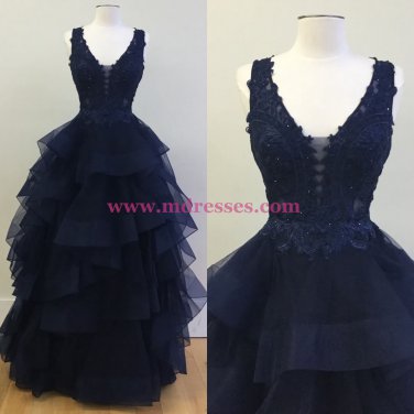 Long Navy V-Neck Lace Prom Dresses Party Evening Gowns 338