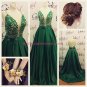 Long Green Spaghetti Straps Lace Satin Prom Dresses Party Evening Gowns 355