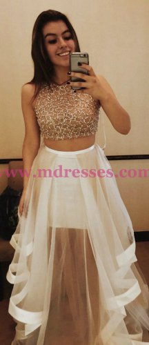 Two Pieces Beaded Sequins Prom Dresses Party Evening Gowns 364
